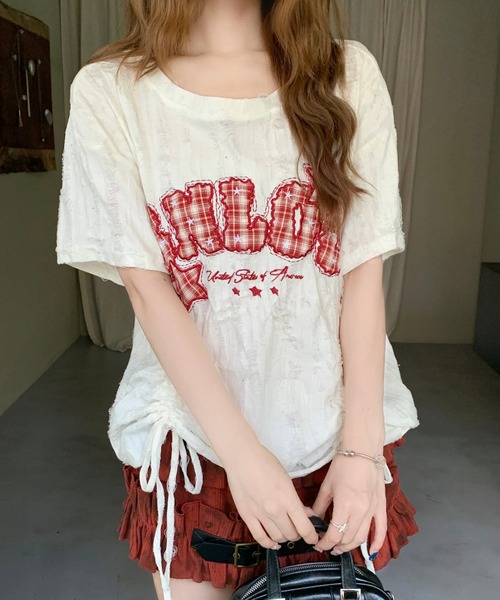 Sibra(シブラ)の「遊び心を効かせたヴィンテージムード。チェックロゴ刺繍ドロストTシャツ(Tシャツ/カットソー・レディース・ブラック/アイボリー/ピンク/グレー・M)」の5枚目の写真