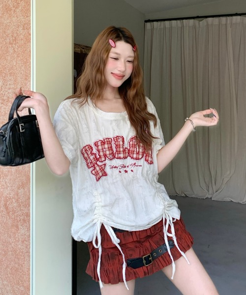 Sibra(シブラ)の「遊び心を効かせたヴィンテージムード。チェックロゴ刺繍ドロストTシャツ(Tシャツ/カットソー・レディース・ブラック/アイボリー/ピンク/グレー・M)」の10枚目の写真