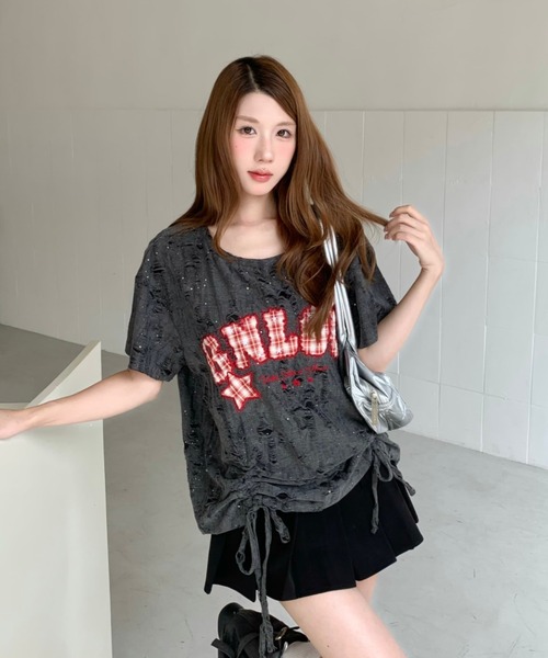Sibra(シブラ)の「遊び心を効かせたヴィンテージムード。チェックロゴ刺繍ドロストTシャツ(Tシャツ/カットソー・レディース・ブラック/アイボリー/ピンク/グレー・M)」の16枚目の写真