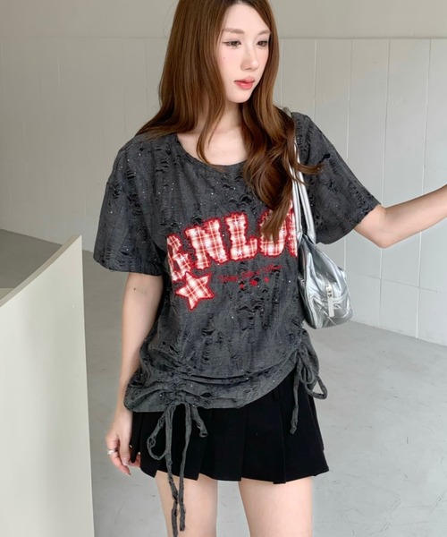 Sibra(シブラ)の「遊び心を効かせたヴィンテージムード。チェックロゴ刺繍ドロストTシャツ(Tシャツ/カットソー・レディース・ブラック/アイボリー/ピンク/グレー・M)」の14枚目の写真