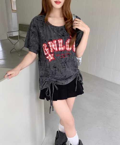 Sibra(シブラ)の「遊び心を効かせたヴィンテージムード。チェックロゴ刺繍ドロストTシャツ(Tシャツ/カットソー・レディース・ブラック/アイボリー/ピンク/グレー・M)」の17枚目の写真