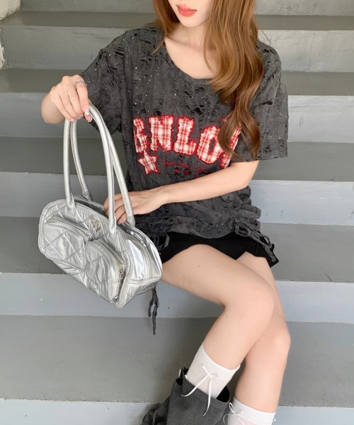 Sibra(シブラ)の「遊び心を効かせたヴィンテージムード。チェックロゴ刺繍ドロストTシャツ(Tシャツ/カットソー・レディース・ブラック/アイボリー/ピンク/グレー・M)」の11枚目の写真