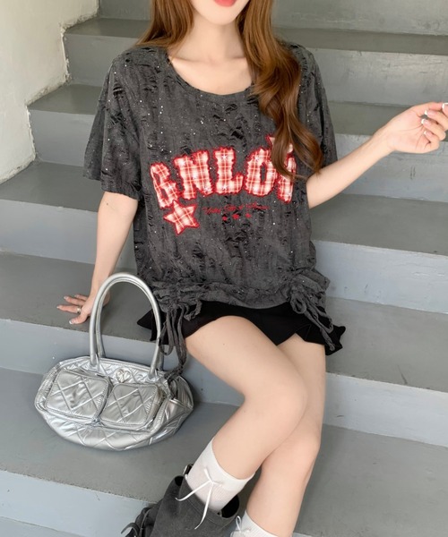 Sibra(シブラ)の「遊び心を効かせたヴィンテージムード。チェックロゴ刺繍ドロストTシャツ(Tシャツ/カットソー・レディース・ブラック/アイボリー/ピンク/グレー・M)」の12枚目の写真