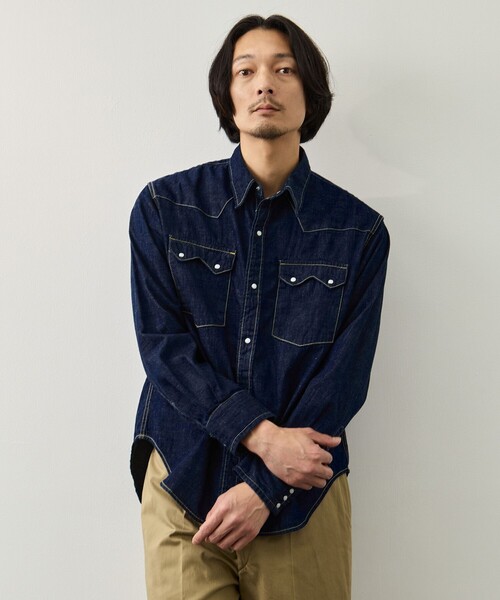 REMI RELIEF(レミレリーフ)の「【REMI RELIEF】OW 8.5oz DENIM WESTERNSHIRT(ノコギリ型フラップ)(シャツ/ブラウス・メンズ・ダークインディゴブルー・L/M)」の1枚目の写真