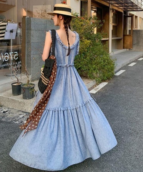 semplice(センプリチェ)の「リネン キャミソールワンピース(ワンピース・レディース・ブルー・S/M)」の2枚目の写真