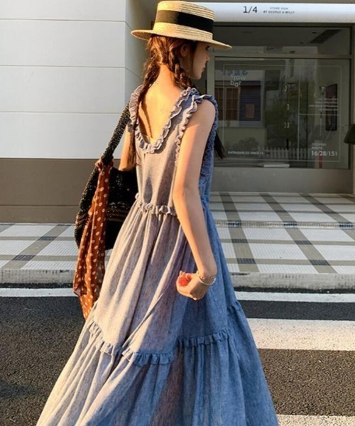 semplice(センプリチェ)の「リネン キャミソールワンピース(ワンピース・レディース・ブルー・S/M)」の6枚目の写真