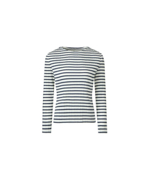 [女性] ラウンドネックソフトプリーツストライプTシャツ (アイボリー)