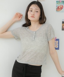 シアーリブヘンリー半袖カットソー / シアートップス 半袖カットソー ヘンリーネック リブトップス コンパクトトップス レイヤード 韓国 カジュアル フェミニン 春服 夏服 秋服 ブラック オフホワイト グレー ブルー ピンク レッド 黒 白 灰色 青 赤