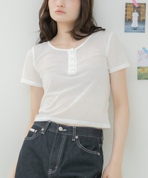 シアーリブヘンリー半袖カットソー / シアートップス 半袖カットソー ヘンリーネック リブトップス コンパクトトップス レイヤード 韓国 カジュアル フェミニン 春服 夏服 秋服 ブラック オフホワイト グレー ブルー ピンク レッド 黒 白 灰色 青 赤