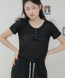 シアーリブヘンリー半袖カットソー / シアートップス 半袖カットソー ヘンリーネック リブトップス コンパクトトップス レイヤード 韓国 カジュアル フェミニン 春服 夏服 秋服 ブラック オフホワイト グレー ブルー ピンク レッド 黒 白 灰色 青 赤