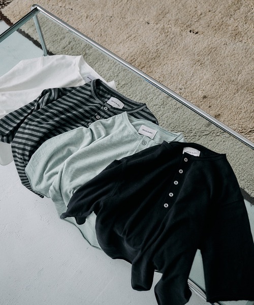 SELLE GLANT(セレグランテ)の「HENRY NECK SLUB T-SHIRT / ヘンリーネックスラブTシャツ(Tシャツ/カットソー・メンズ・オフホワイト/ブラック系/ミント/ブラック・LARGE/SMALL/MEDIUM)」の15枚目の写真