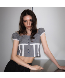 Check Shirring Crop Blouse [Navy]