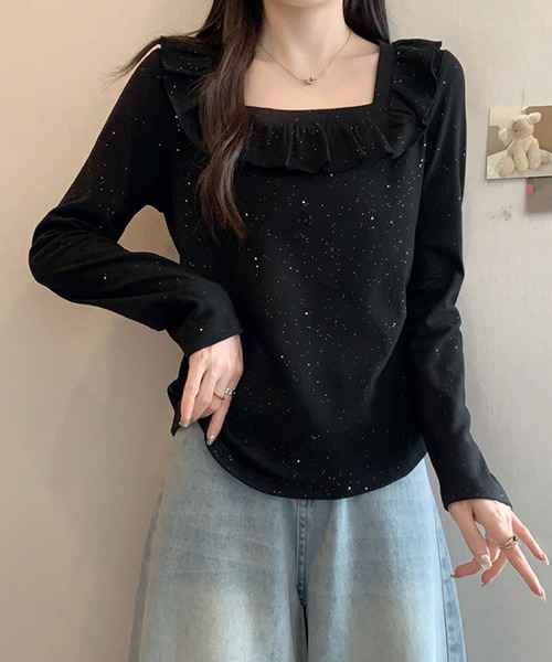2ly2(トゥーリートゥー)の「ラメドットフリルトップス / スクエアネック フリルカットソー(Tシャツ/カットソー・レディース・ブラック/ボルドー・FREE)」の7枚目の写真