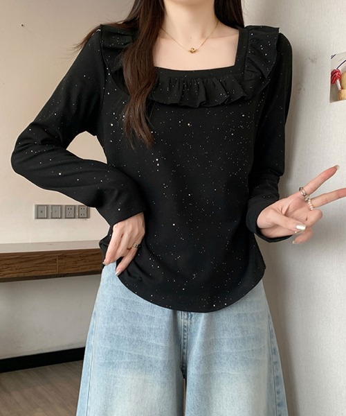 2ly2(トゥーリートゥー)の「ラメドットフリルトップス / スクエアネック フリルカットソー(Tシャツ/カットソー・レディース・ブラック/ボルドー・FREE)」の8枚目の写真