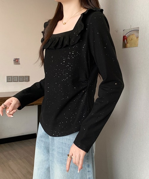 2ly2(トゥーリートゥー)の「ラメドットフリルトップス / スクエアネック フリルカットソー(Tシャツ/カットソー・レディース・ブラック/ボルドー・FREE)」の10枚目の写真