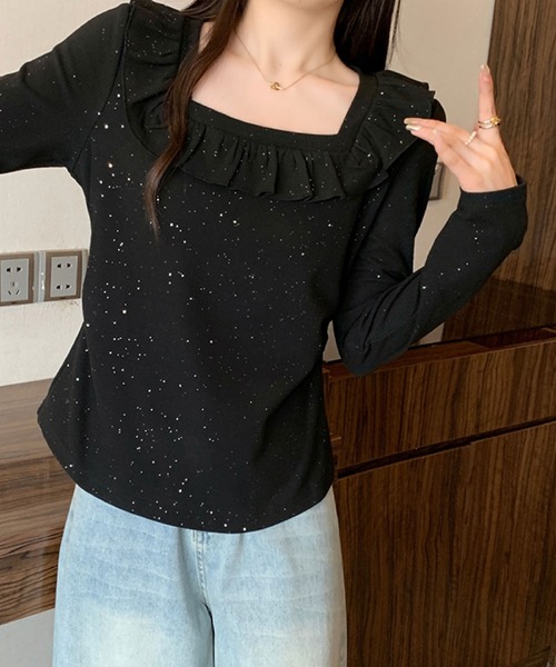 2ly2(トゥーリートゥー)の「ラメドットフリルトップス / スクエアネック フリルカットソー(Tシャツ/カットソー・レディース・ブラック/ボルドー・FREE)」の11枚目の写真