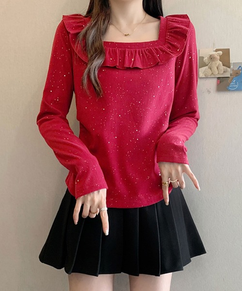 2ly2(トゥーリートゥー)の「ラメドットフリルトップス / スクエアネック フリルカットソー(Tシャツ/カットソー・レディース・ブラック/ボルドー・FREE)」の13枚目の写真