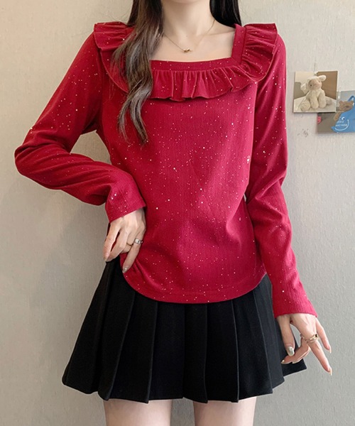 2ly2(トゥーリートゥー)の「ラメドットフリルトップス / スクエアネック フリルカットソー(Tシャツ/カットソー・レディース・ブラック/ボルドー・FREE)」の14枚目の写真
