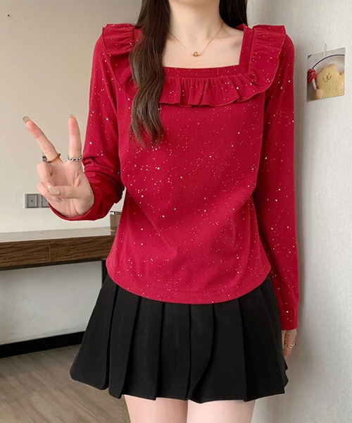 2ly2(トゥーリートゥー)の「ラメドットフリルトップス / スクエアネック フリルカットソー(Tシャツ/カットソー・レディース・ブラック/ボルドー・FREE)」の17枚目の写真