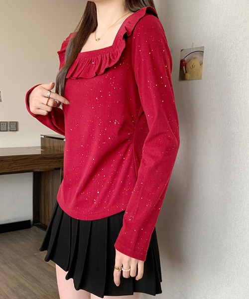 2ly2(トゥーリートゥー)の「ラメドットフリルトップス / スクエアネック フリルカットソー(Tシャツ/カットソー・レディース・ブラック/ボルドー・FREE)」の19枚目の写真