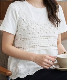 ビスチェ Tシャツ セット 透かし編み レース かぎ針編み 重ね着 レイヤード アンサンブル 半袖 トップス 夏