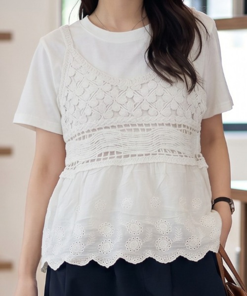 umune(ウムネ)の「ビスチェ Tシャツ セット 透かし編み レース かぎ針編み 重ね着 レイヤード アンサンブル 半袖 トップス 夏(Tシャツ/カットソー・レディース・ライトベージュ/オフホワイト・FREE)」の11枚目の写真