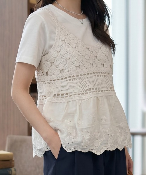 umune(ウムネ)の「ビスチェ Tシャツ セット 透かし編み レース かぎ針編み 重ね着 レイヤード アンサンブル 半袖 トップス 夏(Tシャツ/カットソー・レディース・ライトベージュ/オフホワイト・FREE)」の12枚目の写真