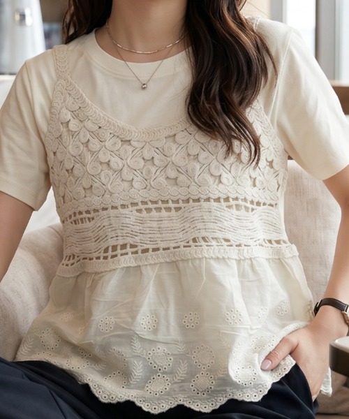umune(ウムネ)の「ビスチェ Tシャツ セット 透かし編み レース かぎ針編み 重ね着 レイヤード アンサンブル 半袖 トップス 夏(Tシャツ/カットソー・レディース・ライトベージュ/オフホワイト・FREE)」の13枚目の写真