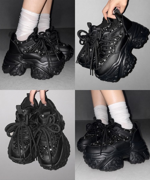 me+em select(ミームセレクト)の「【 +10.5cm盛れ 】スパンコールレースアップ厚底スニーカー / +10.5cm spangle lace-up platform sneakers(スニーカー・レディース・アイボリー/ブラック・37/38/39/40)」の4枚目の写真