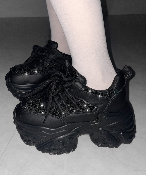 me+em select(ミームセレクト)の「【 +10.5cm盛れ 】スパンコールレースアップ厚底スニーカー / +10.5cm spangle lace-up platform sneakers(スニーカー・レディース・アイボリー/ブラック・37/38/39/40)」の19枚目の写真