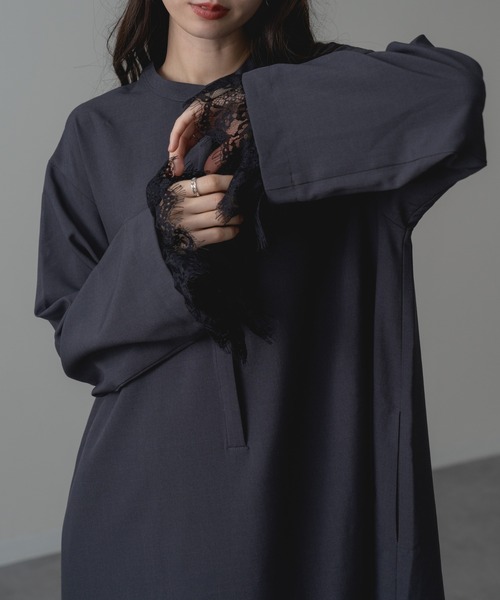 refinedworks（リファインドワークス）の「【refinedworks】セレモニー にも◎ 袖レース バンドカラー ロング ワンピース！（ワンピース・レディース・チャコールグレー/ブラック・FREE）」の9枚目の写真
