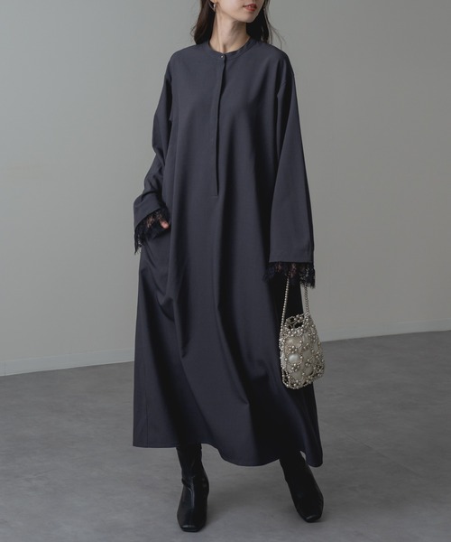 refinedworks（リファインドワークス）の「【refinedworks】セレモニー にも◎ 袖レース バンドカラー ロング ワンピース！（ワンピース・レディース・チャコールグレー/ブラック・FREE）」の10枚目の写真