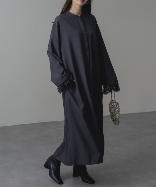 refinedworks（リファインドワークス）の「【refinedworks】セレモニー にも◎ 袖レース バンドカラー ロング ワンピース！（ワンピース・レディース・チャコールグレー/ブラック・FREE）」の8枚目の写真