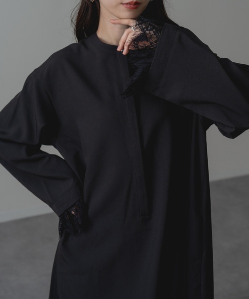 refinedworks（リファインドワークス）の「【refinedworks】セレモニー にも◎ 袖レース バンドカラー ロング ワンピース！（ワンピース・レディース・チャコールグレー/ブラック・FREE）」の4枚目の写真