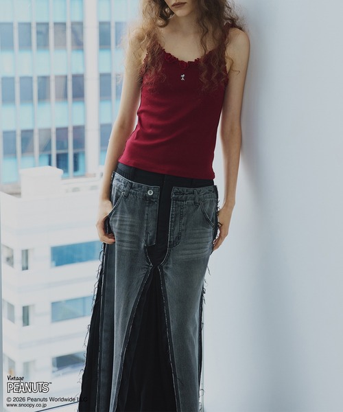 PEANUTS(ピーナッツ)の「VINTAGE PEANUTS TWIST FRILL RIB CUT CAMISOLE(キャミソール・レディース・レッド/ブラウン/ホワイト・MEDIUM/SMALL)」の6枚目の写真