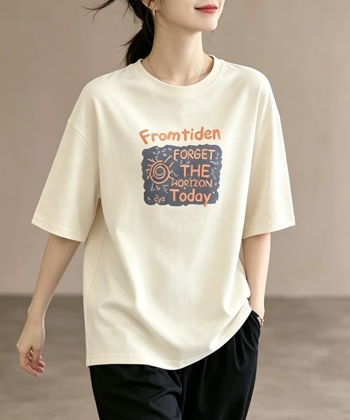ONEP STAR(ワンピスター)の「グラフィックプリント半袖Tシャツ(Tシャツ/カットソー・レディース・ホワイト/ブラック/ベージュ/パープル/ネイビー・MEDIUM/LARGE/X-LARGE)」の4枚目の写真