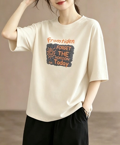 ONEP STAR(ワンピスター)の「グラフィックプリント半袖Tシャツ(Tシャツ/カットソー・レディース・ホワイト/ブラック/ベージュ/パープル/ネイビー・MEDIUM/LARGE/X-LARGE)」の6枚目の写真