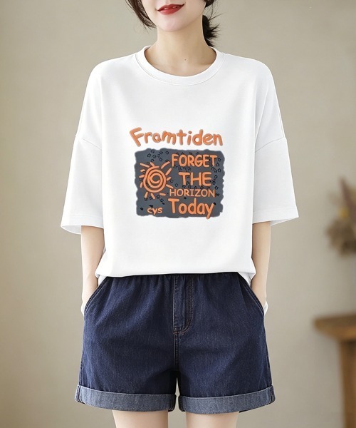 ONEP STAR(ワンピスター)の「グラフィックプリント半袖Tシャツ(Tシャツ/カットソー・レディース・ホワイト/ブラック/ベージュ/パープル/ネイビー・MEDIUM/LARGE/X-LARGE)」の17枚目の写真