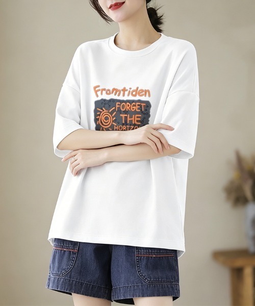 ONEP STAR(ワンピスター)の「グラフィックプリント半袖Tシャツ(Tシャツ/カットソー・レディース・ホワイト/ブラック/ベージュ/パープル/ネイビー・MEDIUM/LARGE/X-LARGE)」の18枚目の写真