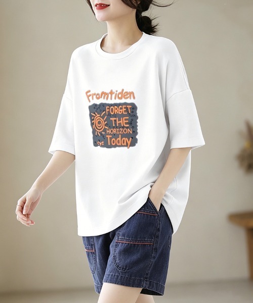 ONEP STAR(ワンピスター)の「グラフィックプリント半袖Tシャツ(Tシャツ/カットソー・レディース・ホワイト/ブラック/ベージュ/パープル/ネイビー・MEDIUM/LARGE/X-LARGE)」の19枚目の写真