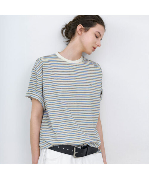 ATELIER NAIN(アトリエナイン)の「MULTI STRIPE BOXY TEE (T-7216)(Tシャツ/カットソー・レディース・グレー/ブルー/ダークグレー・FREE)」の1枚目の写真