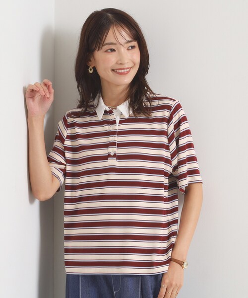 ITS'DEMO(イッツデモ)の「ポロ襟ボーダートップス(Tシャツ/カットソー・レディース・ベージュ系2/ネイビー系2/ワイン系1・00)」の3枚目の写真