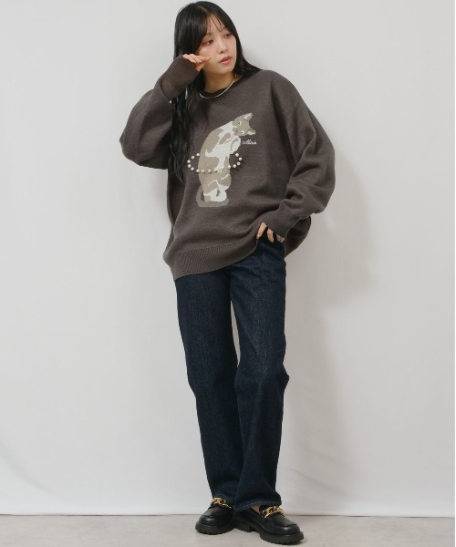 palm RICHE(ポームリシュ)の「猫ニット(ニット/セーター・レディース・レッド/ネイビー/チャコールグレー・M)」の6枚目の写真
