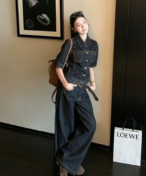 FAVORITO(ファヴォリート)の「デニムトップスワイドパンツセットアップ(セットアップ・レディース・ダークブルー・M/L/S)」の2枚目の写真