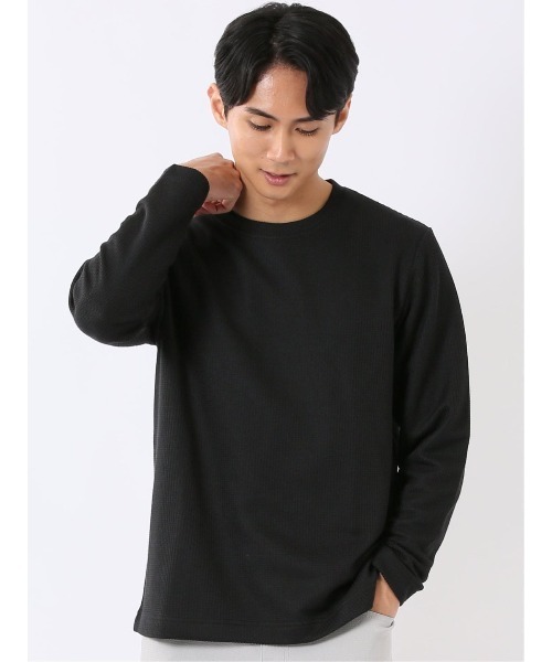 TAKA-Q（タカキュー）の「Tシャツ メンズ 長袖 クルーネック 綿混 ワッフル ジャガード（Tシャツ/カットソー・メンズ・ブラック/ホワイト×ブラック/ホワイト・MEDIUM/X-LARGE/LARGE）」の3枚目の写真