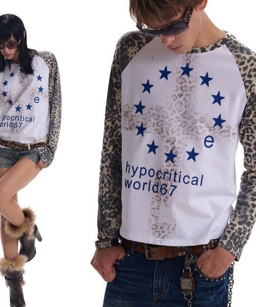 FreeZone(フリーゾーン)の「ユニセックス】レオパード切替グラフィックラグランTシャツ / 長袖 星柄 ヴィンテージ Y2K グランジ 韓国ストリート(Tシャツ/カットソー・メンズ・ホワイト・F)」の6枚目の写真