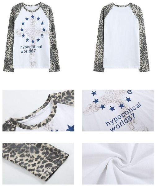 FreeZone(フリーゾーン)の「ユニセックス】レオパード切替グラフィックラグランTシャツ / 長袖 星柄 ヴィンテージ Y2K グランジ 韓国ストリート(Tシャツ/カットソー・メンズ・ホワイト・F)」の3枚目の写真