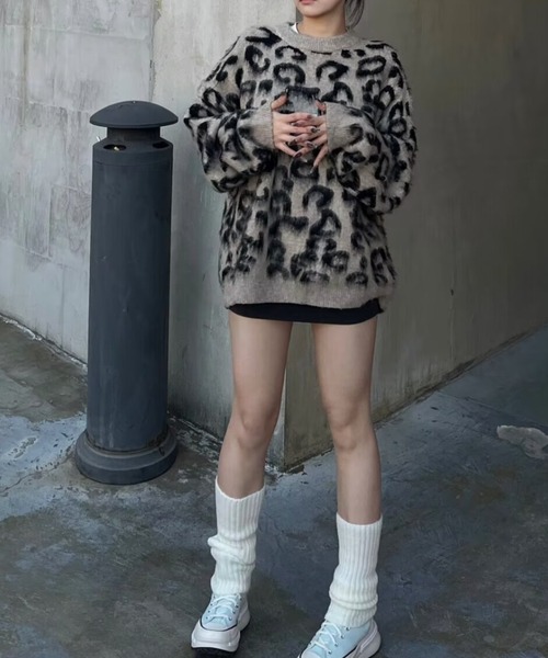 FreeZone（フリーゾーン）の「レオパード柄シャギーオーバーサイズニット / ヒョウ柄 Y2K グランジ（Tシャツ/カットソー・メンズ・ベージュ・F）」の9枚目の写真