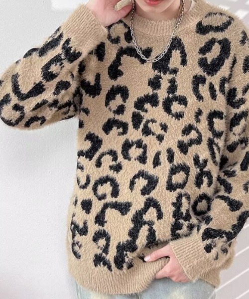 FreeZone（フリーゾーン）の「レオパード柄シャギーオーバーサイズニット / ヒョウ柄 Y2K グランジ（Tシャツ/カットソー・メンズ・ベージュ・F）」の15枚目の写真