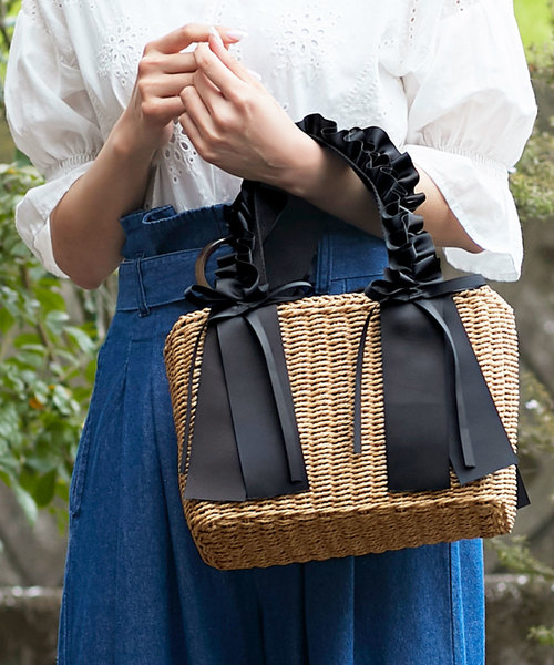 KOBE LETTUCE（コウベレタス）の「グログランリボンフリルデザインカゴバッグ 鞄 カバン かご バスケット レディース[B1145]神戸レタス（ハンドバッグ・レディース・ベージュ/ネイビー/ブラック・FREE）」の9枚目の写真